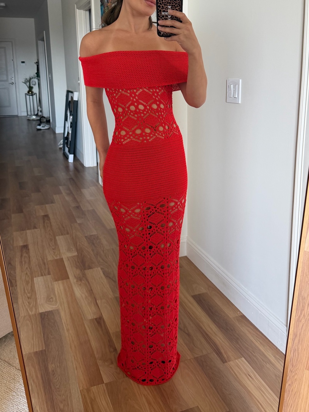 Meshki Solstice Off Shoulder Crotchet Maxi Dress in Red